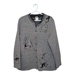 Vintage Bon Worth Woman Large Grandma Cat Embroidered Button Down Cardigan Grey